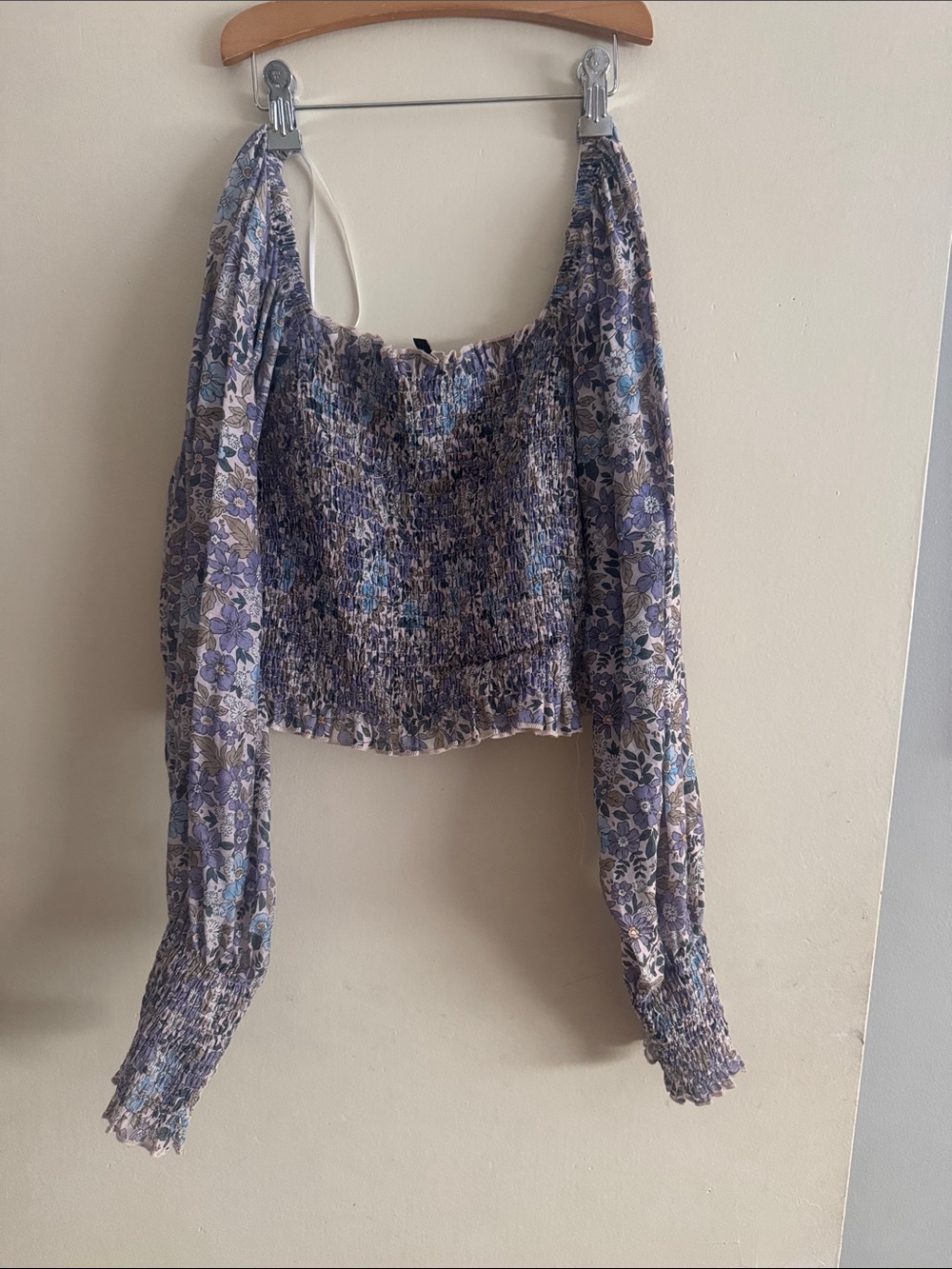 Smocked Floral Off-Shoulder Long Sleeve Top - Lavender